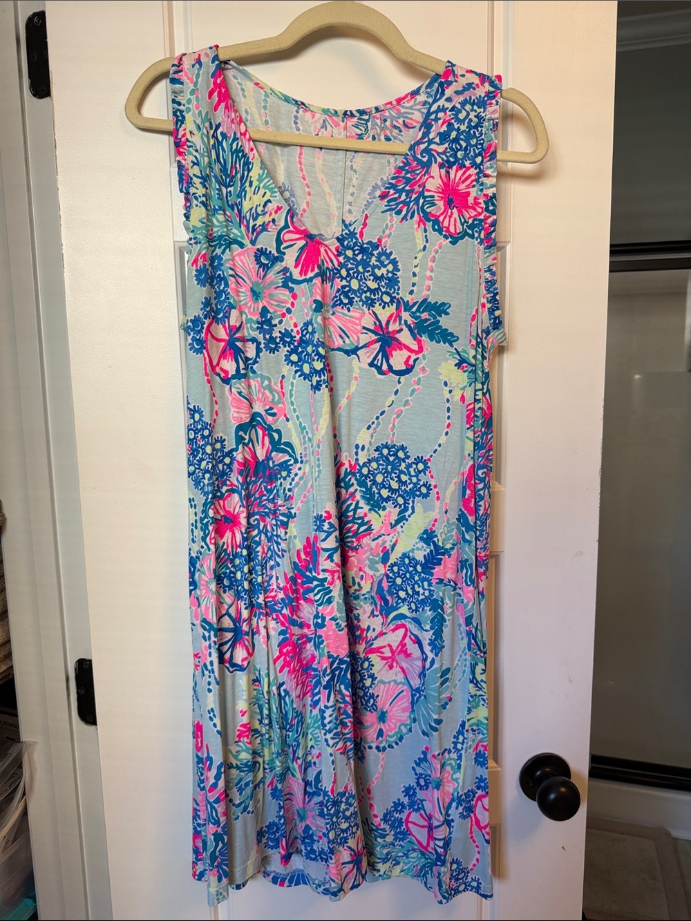 Lilly Pulitzer Blue Floral Sleeveless Shift Dress with Pink & Green Accents